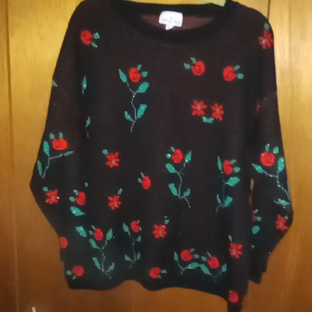 Vintage roses on Black sweater by village Fair XXL